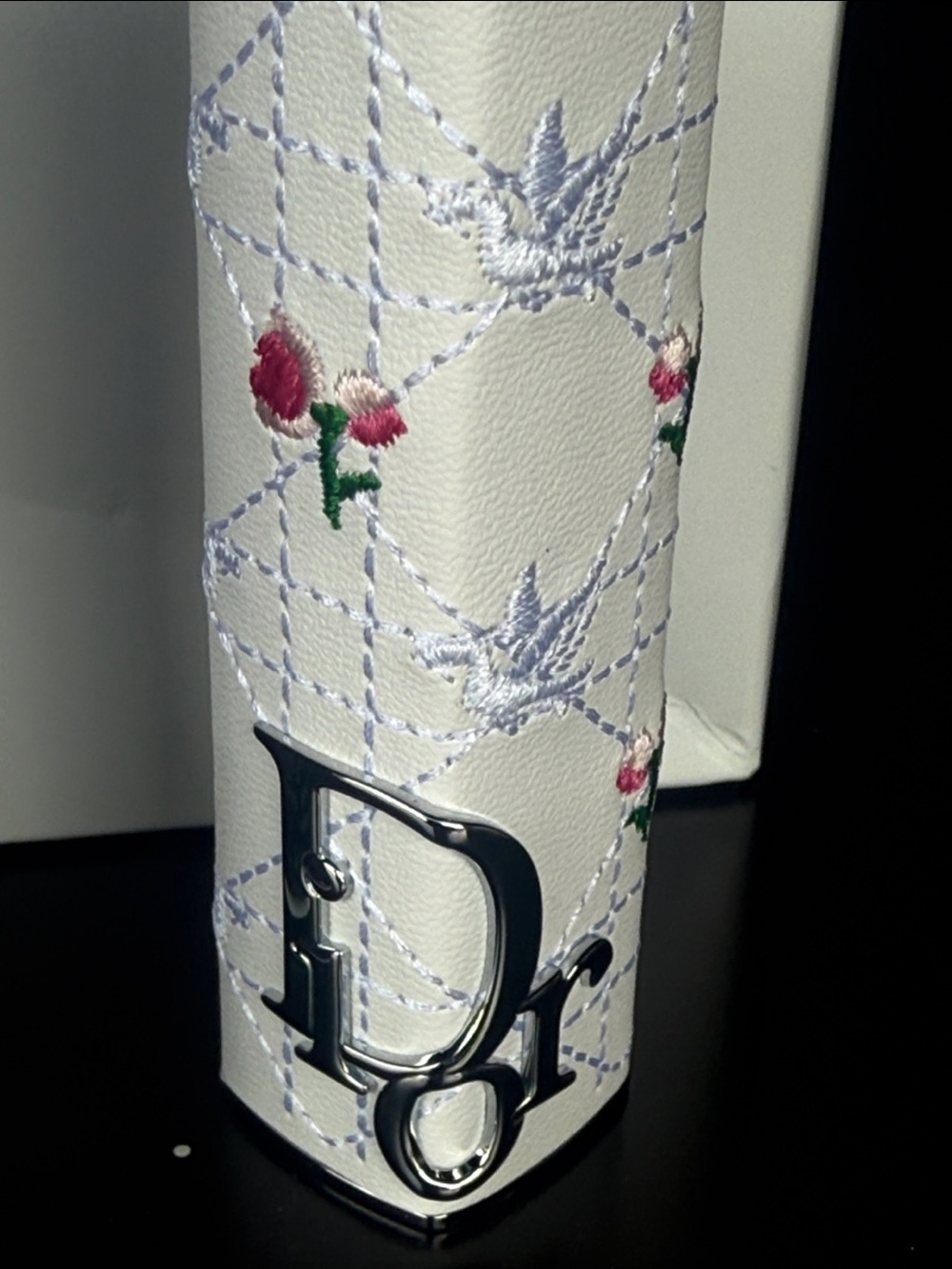 Dior Embroidered White Lipstick Case with Pink & Green Floral Accents